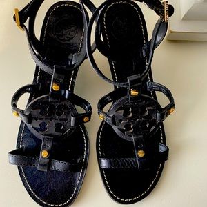 Tory Burch Leather Miller Logo Wedge Ankle Strap Sandals Sz. 8
